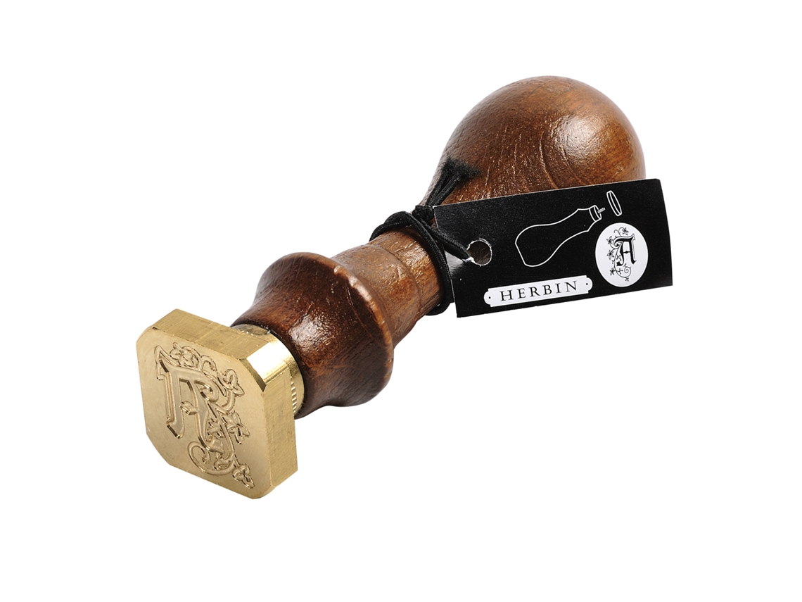 Sello con mango de madera y disco cuadrado de latón, alfabeto iluminado JACQUES HERBIN C