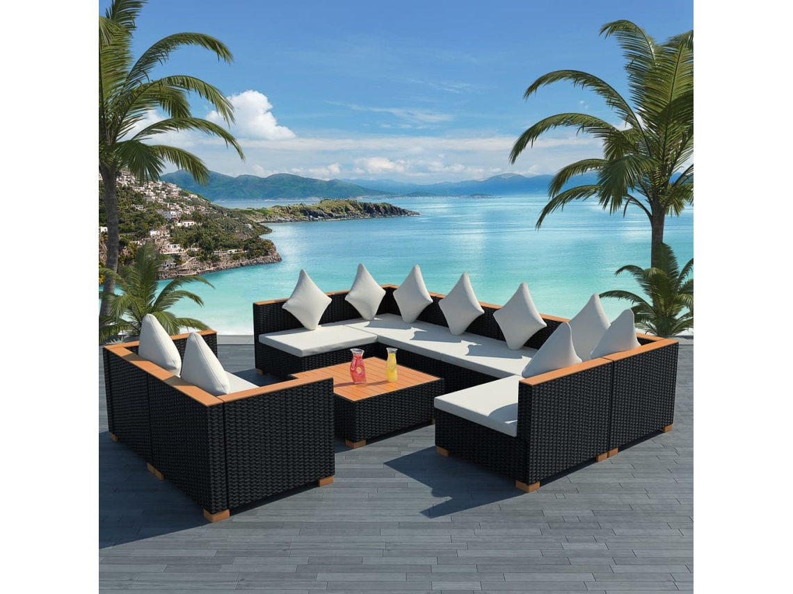 Conjunto de jardín de 9 piezas con cojines, mimbre sintético negro, DKD Home Decor