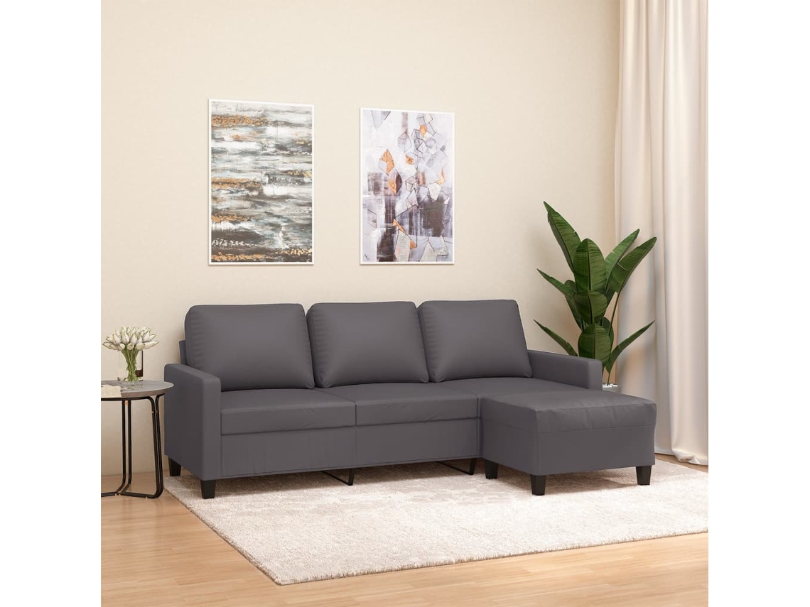 Sofá De 3 Plazas | Sofá De Salón | Sofá De Descanso Con Taburete Cuero Sintético Gris 180 Cm