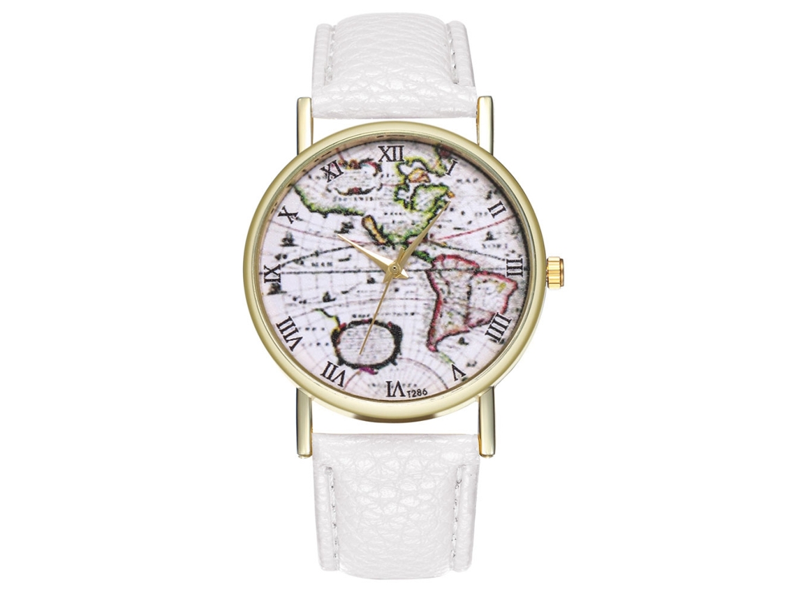 Reloj De Pulsera De Cuarzo Para Mujer Con Correa De Cuero Blanca Con Estampado De Mapa.