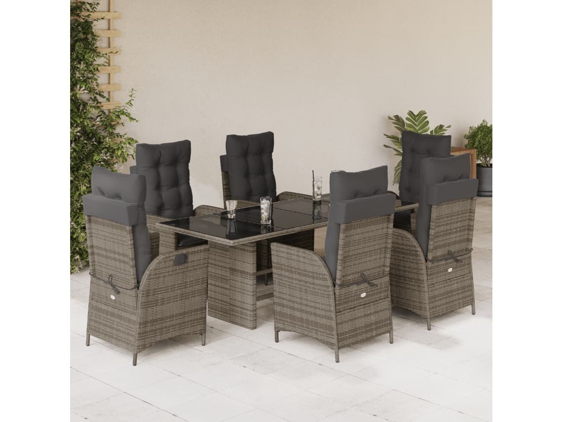 Juego de comedor de jardín de 7 piezas con cojines, mimbre gris, DKD Home Decor