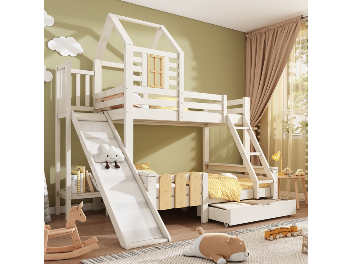 Litera 90x200 y 140x200 cm, tipo casa, con cajón, tobogán y escalera, diseño cabaña, mobiliario.