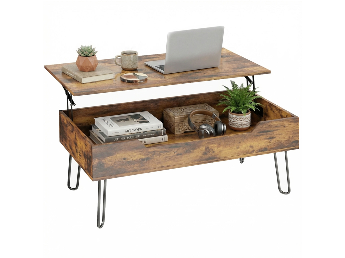 Mesa De Centro Rectangular De Madera Con Amplio Espacio De Almacenamiento Oculto, Altura Regulable, 95 X 50 X 40 Cm, Color Marrón Rústico.