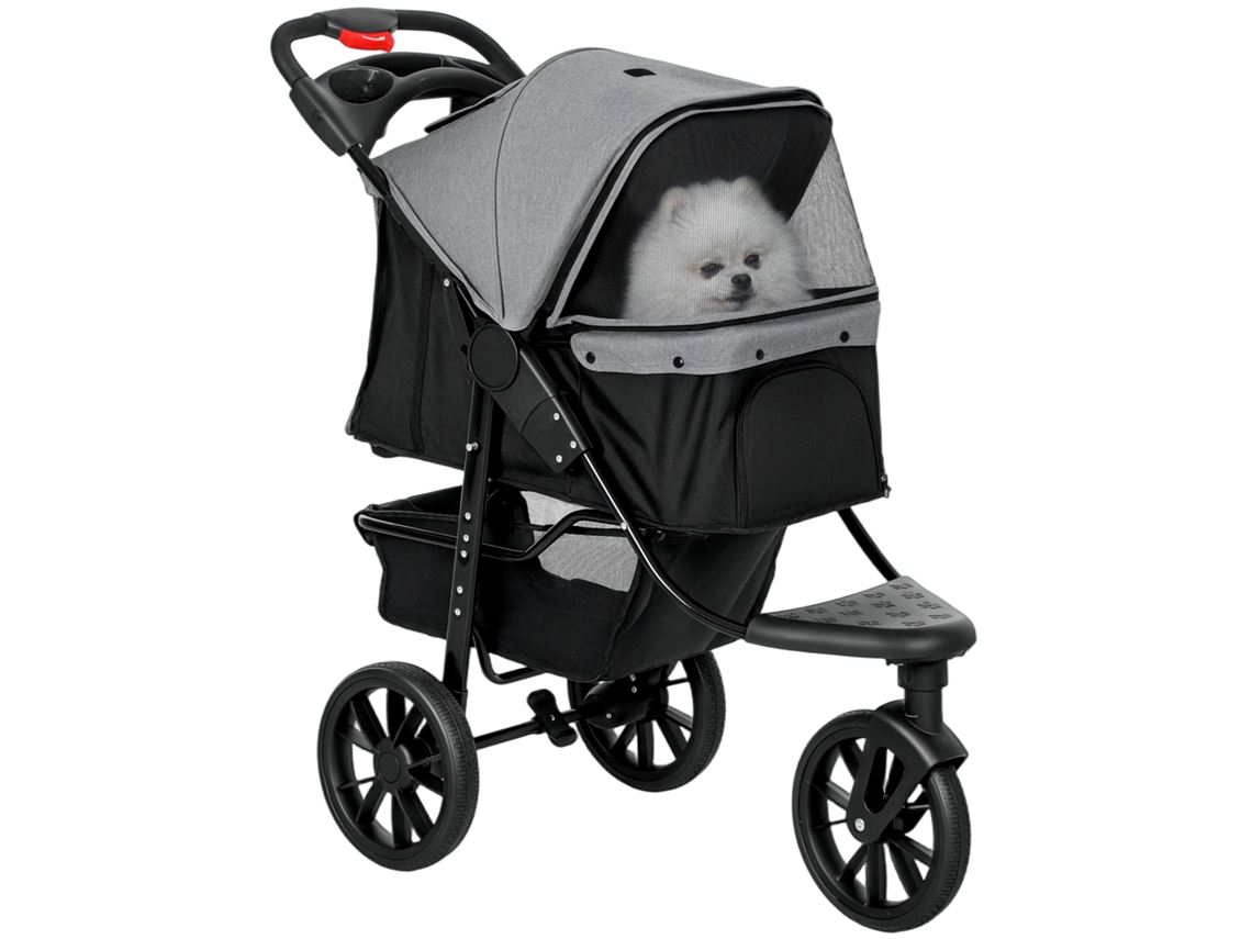 Carrinho Pet Dobrável 109,5x54,5x106,5cm Rodas Correias Segurança E Cesto Armazenamento Cinza E Preto