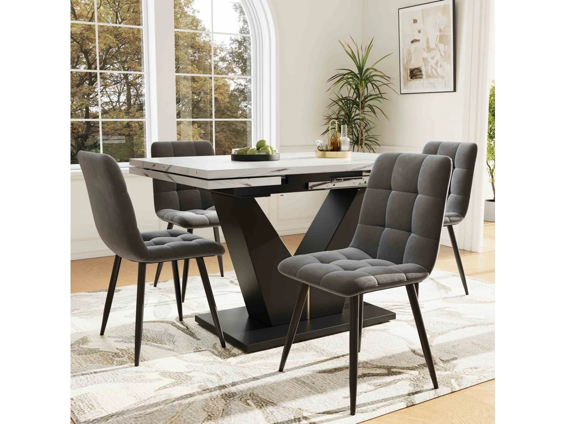 Juego de comedor Mobrio de 5 piezas con mesa extensible y 4 sillas, patas en V negras, tablero de mármol blanco y sillas de terciopelo gris.