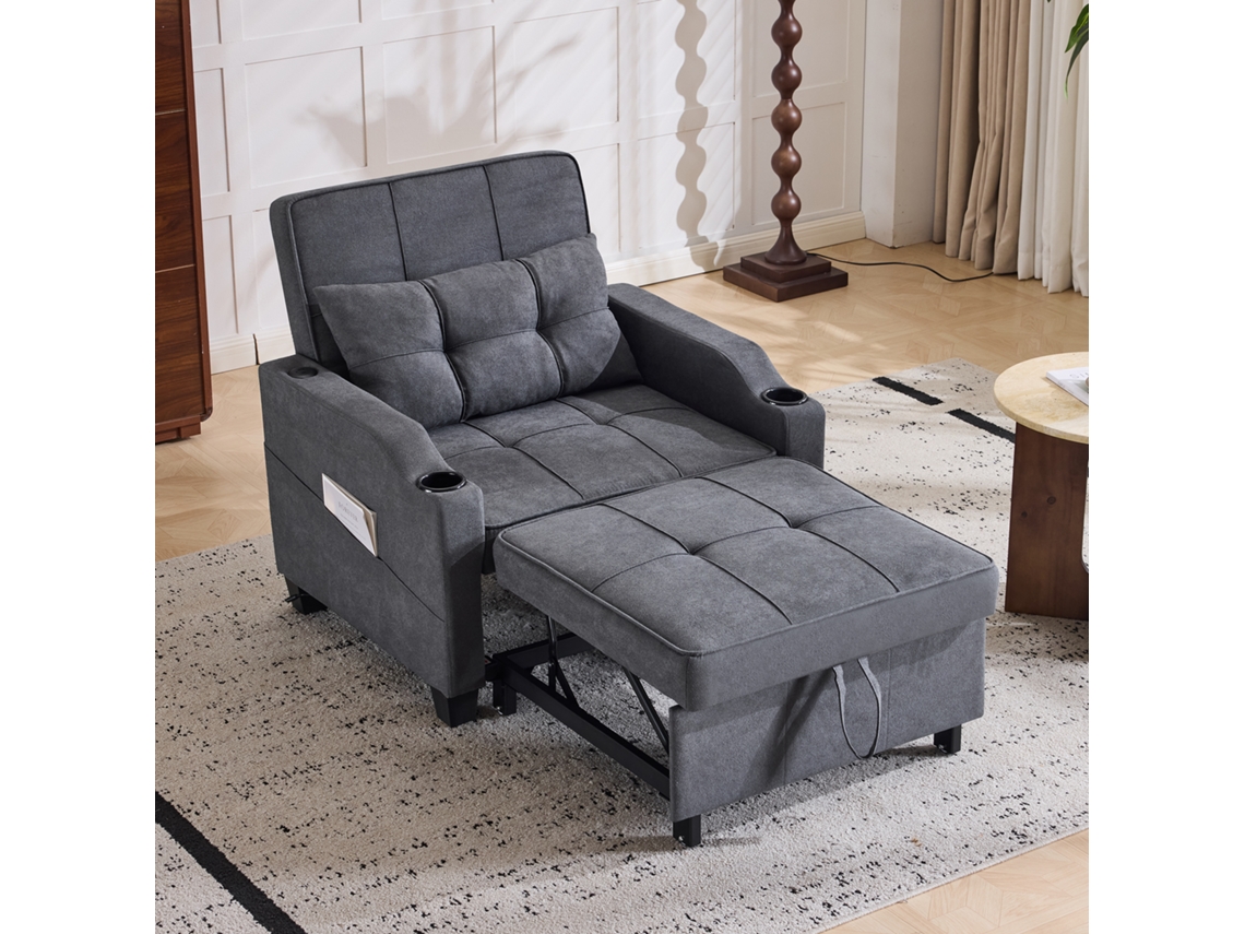 Sofá Cama 1 Plaza - 3 En 1, Con Portavasos Y Puerto Usb, Sofá Reclinable Y Sillón - Gris Oscuro