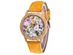 Reloj De Pulsera De Cuarzo Para Mujer Con Esfera Floral Y Correa De Tela Vaquera Amarilla.