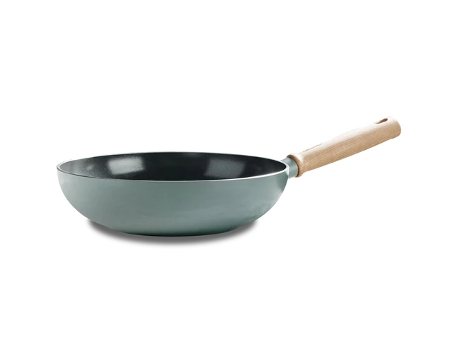 Sartén Wok Cerámica Antiadherente GREENPAN Mayflower 28 cm/3,7 Litros, Mango de Madera Vintage, Sin PFAS, Inducción, Azul Ahumado