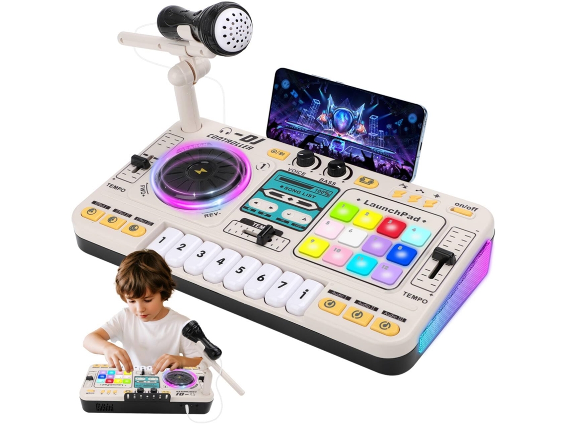 Mesa de DJ infantil con mezclador, juguete musical Bluetooth con micrófono, piano y tabla de DJ Chui (blanca)