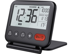 Mini reloj despertador digital portátil Zruxe Des19 LCD para viajes, con calendario, retroiluminación, temperatura y plegable (negro)