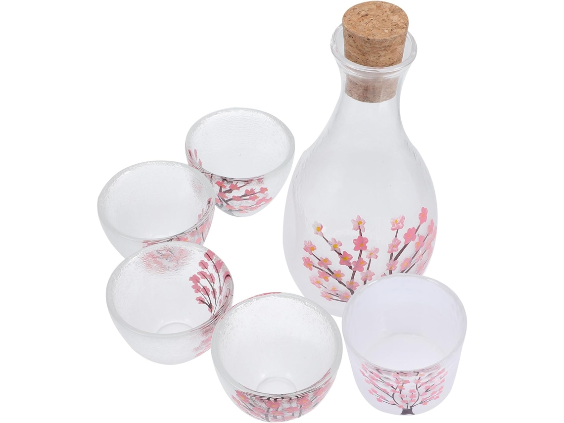 Juego De Sake Japonés Con 1 Jarra De Vidrio Sin Plomo Y Diseño Floral.