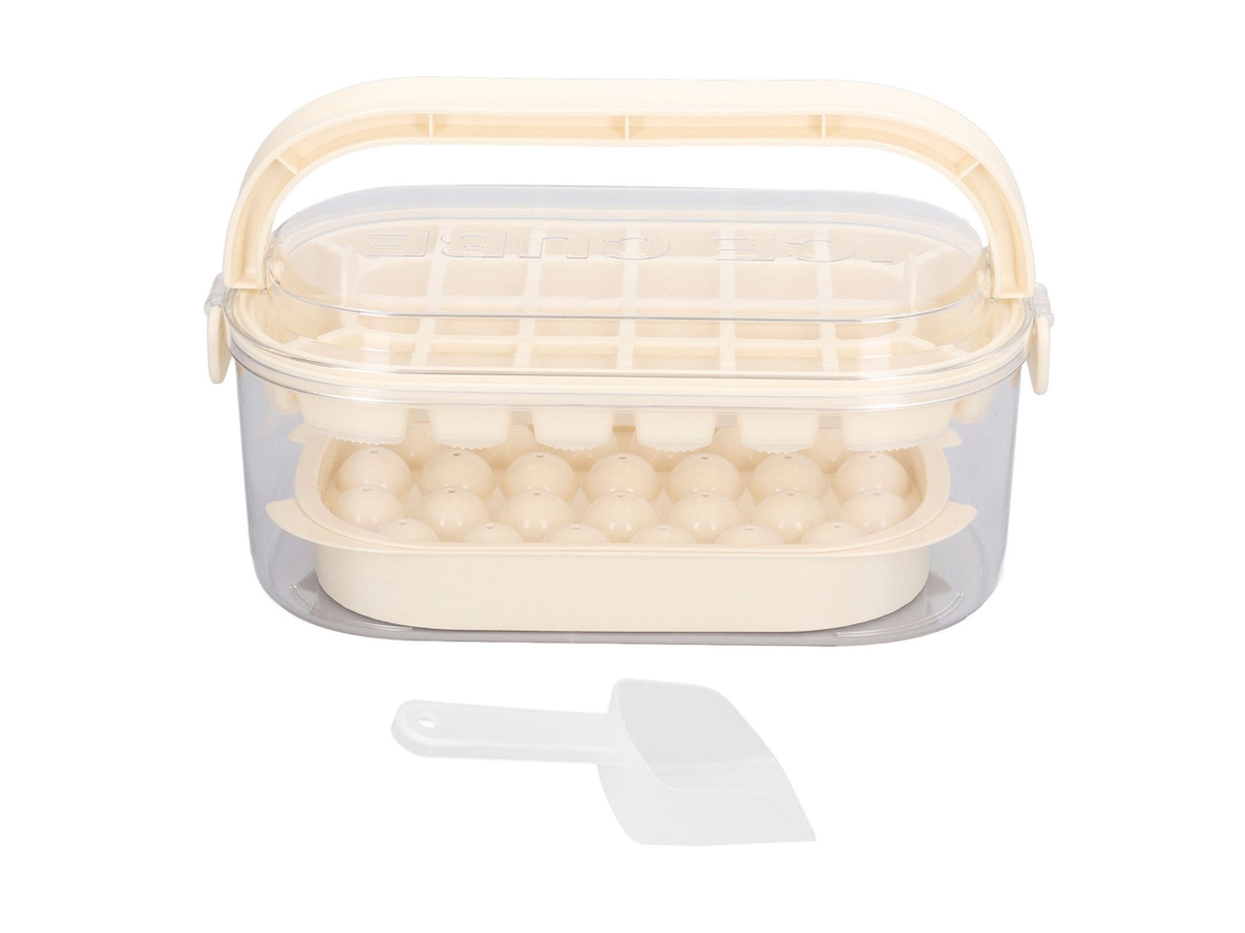 2 Bandejas Redondas Y Cuadradas Para Cubitos De Hielo Con Tapa Y Caja, 54 Cubitos, Base Blanda, Color Beige, 2 Capas