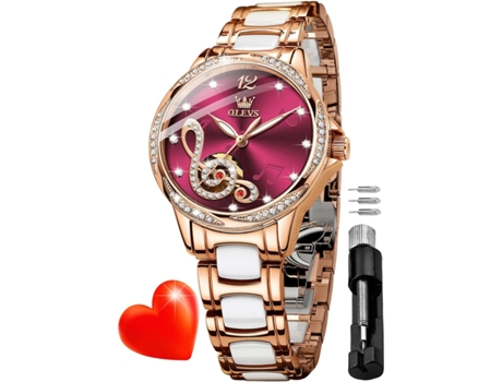 VEANXIN Reloj automático para Mujer Reloj de Diamantes Reloj de señora de cerámica de Oro Rosa para Mujer(rojo)