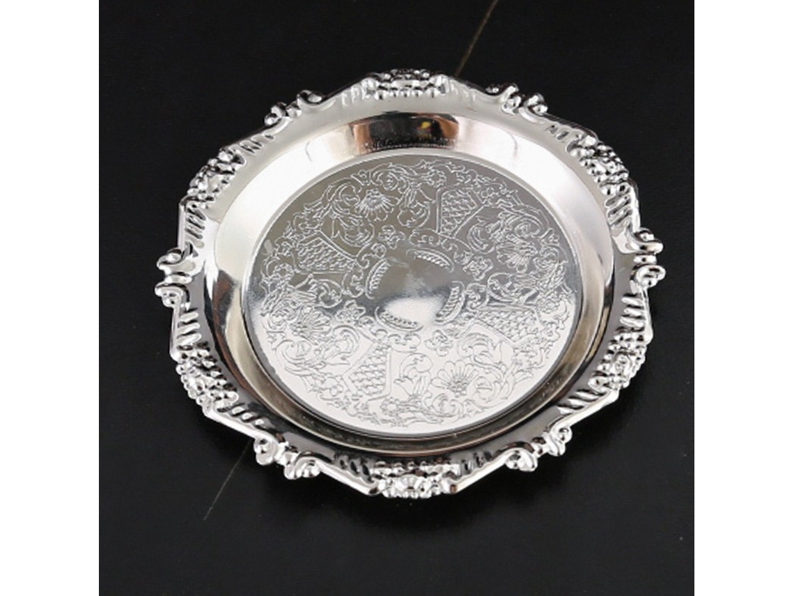Bandeja Pequeña De Hierro (plateada) Con Relieve Dorado Para Frutas, Aperitivos, Pasteles Y Decoración.