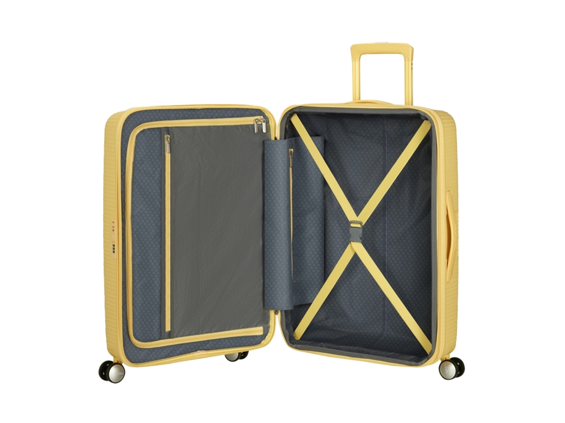 Maleta de viaje mediana de 67 cm, 4 ruedas, caja de resonancia, color amarillo pastel, American Tourister