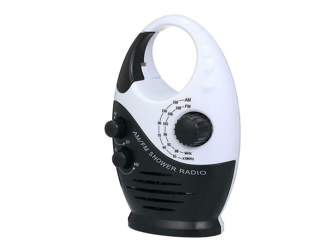 Mini Radio De Ducha Impermeable Am/fm Con Asa Superior Ajustable, Resistente A Los Arañazos, Color Negro/blanco.