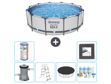 Piscina BESTWAY Round Steel Pro MAX - 366 x 100 cm - Gris - Incluida bomba - Escalera Cubrir - Paquete de mantenimiento - Filtrar - Baldosas