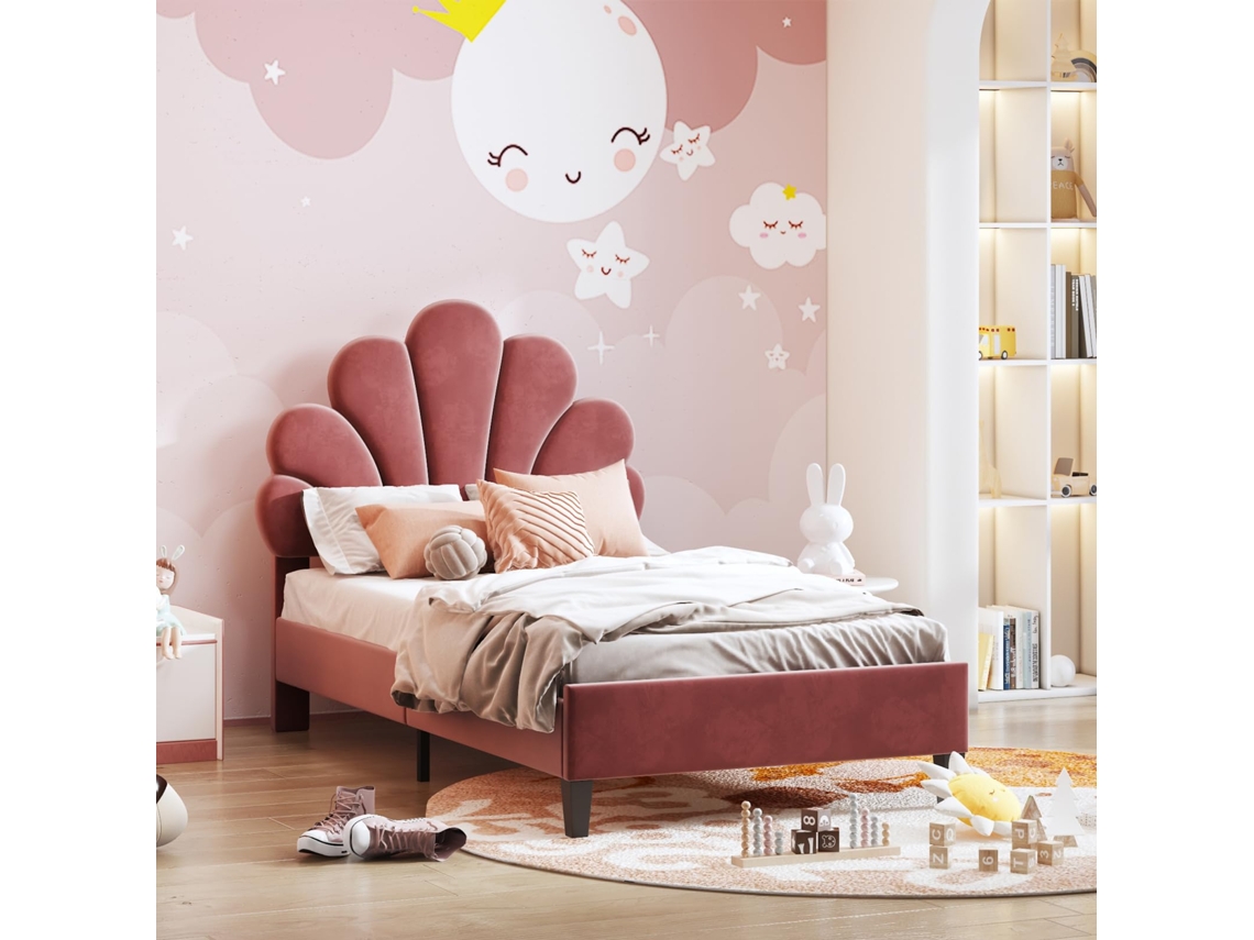 Cama Infantil De 90 X 200 Cm, Tapizada, Con Cabecero Floral Y Somier De Láminas De Terciopelo Burdeos.