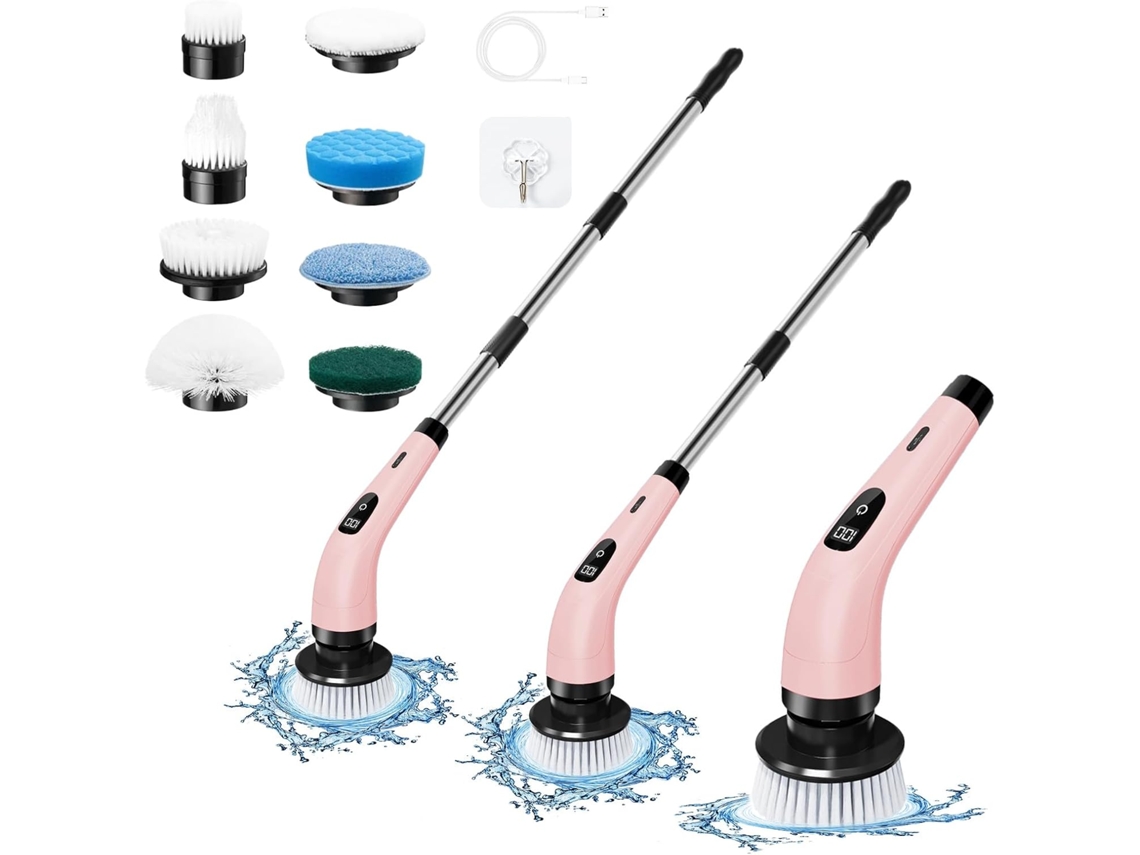 Cepillo de limpieza eléctrico con pantalla LED, 8 cabezales reemplazables para limpiar bañeras y ventanas (rosa) Gertiz