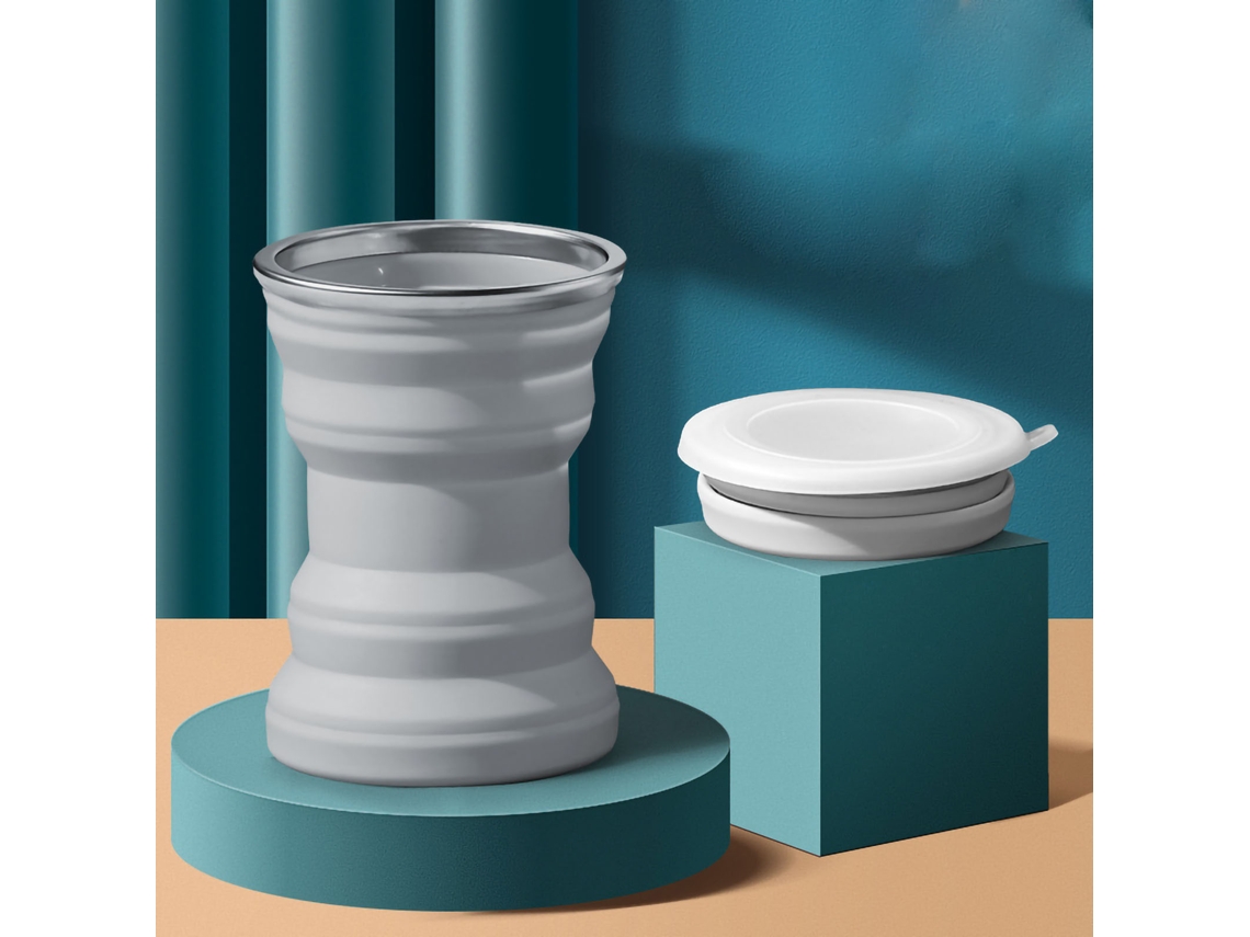 Vaso plegable de silicona de 320 ml, gris, ideal para viajes.