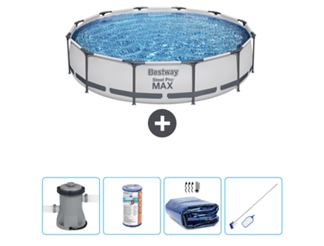 Piscina BESTWAY Round Steel Pro MAX - 366 x 76 cm - Gris - Bomba incluida Filtrar - Vela solar - kit de limpieza