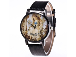 Reloj De Cuarzo Para Mujer Con Correa De Cuero Pu, Dial Redondo Y Patrón De Ángel (negro)