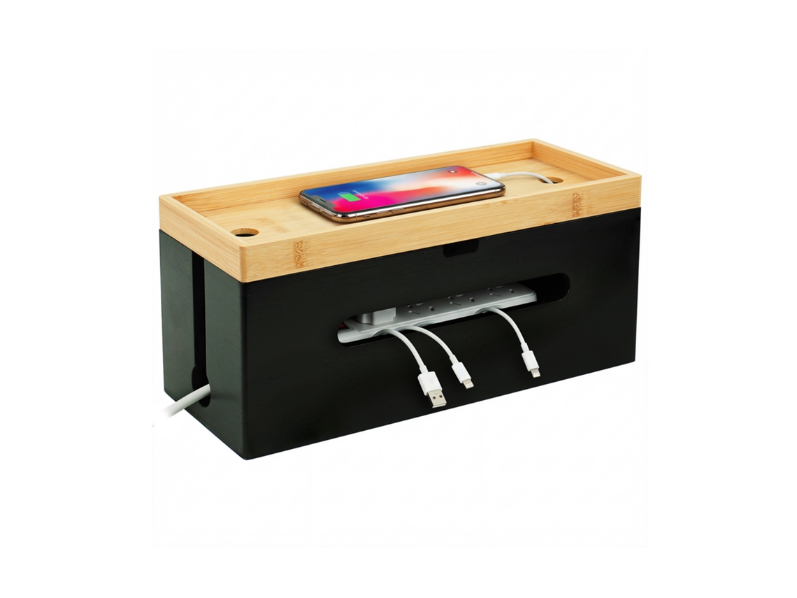 Relaxdays Caja Para Cables De Bambú, 16 X 34 X 13,5 Cm, Para Regleta De 6 Tomas, Con Tapa Y Bridas, Natural/negro