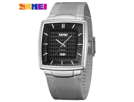 Reloj de pulsera analógico de cuarzo de acero inoxidable ultrafino, reloj de pulsera de malla cuadrada, superficie negra con carcasa plateada LUUCOZK