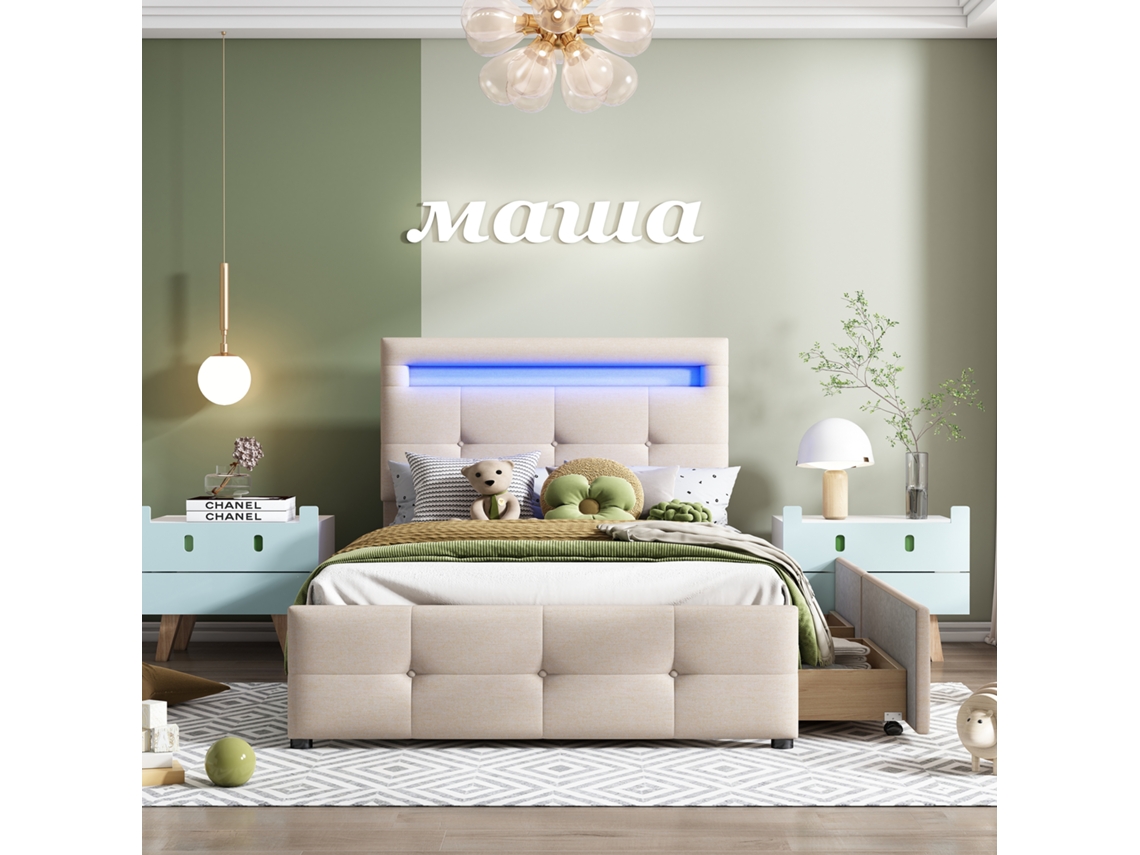 Cama individual de 90 x 200 cm en tejido de lino con LED y 2 cajones en color beige.