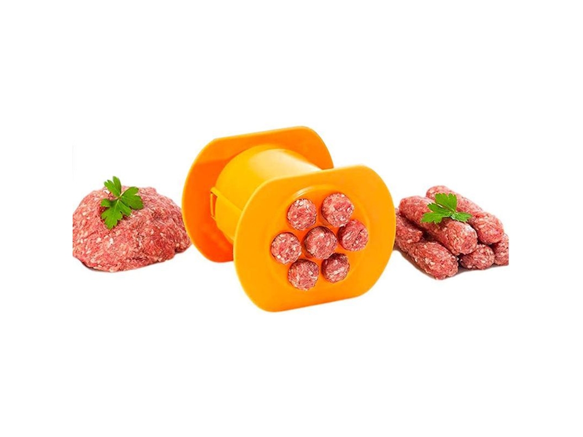 Prensa manual para salchichas, 7 en 1, fabricada en polipropileno apto para uso alimentario, para perritos calientes y albóndigas, color naranja.