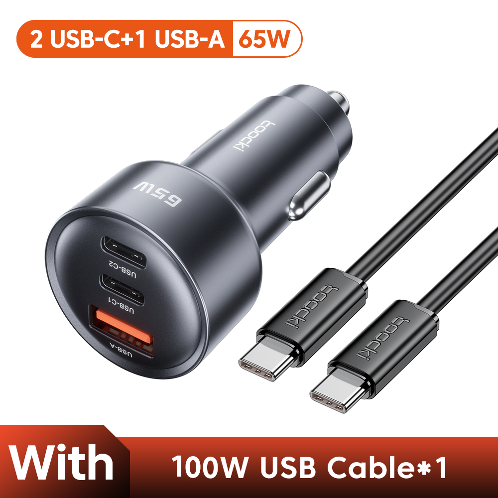 Cargador de coche PPS de 65 W, 2 puertos USB-C + USB-A, carga rápida PD QC, para portátil/iPhone/Xiaomi