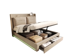 Cama De Matrimonio Estofada 180x200 Beige Led Hidráulico Cajones 2en1 Tiras Luminosas Sin Colchón
