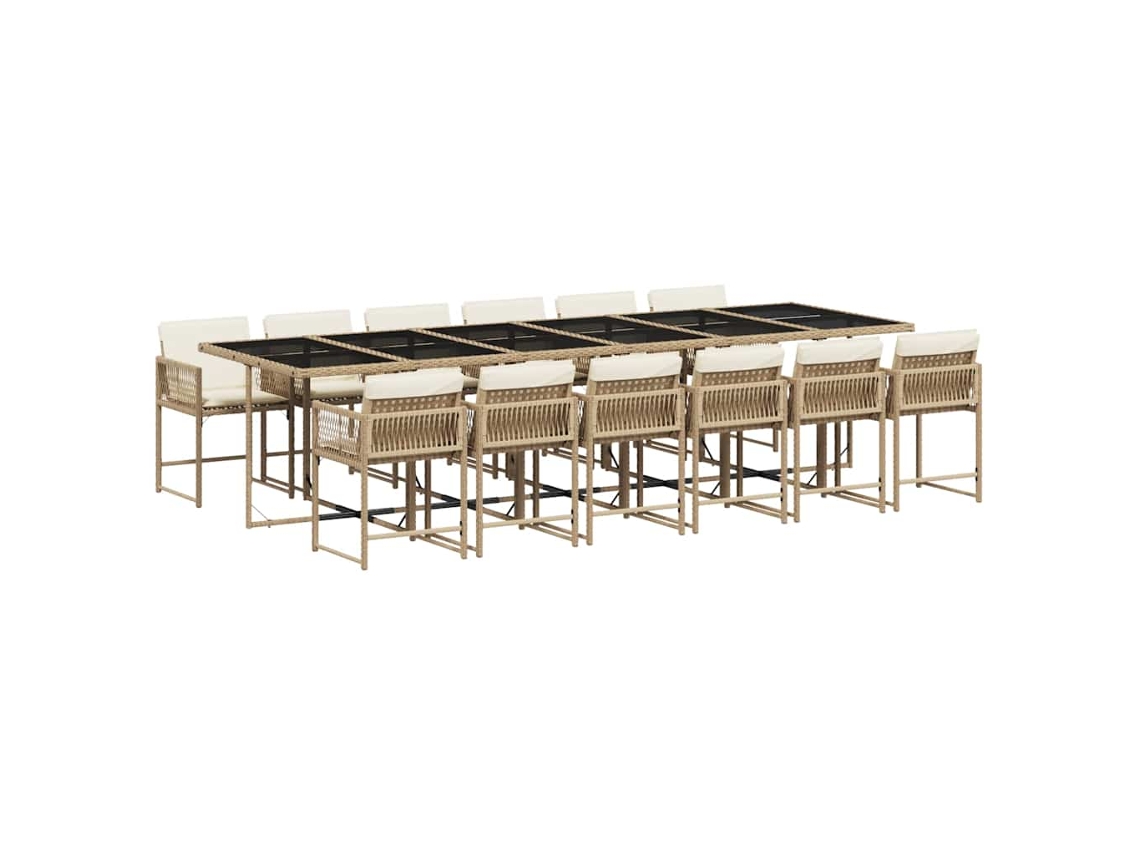 Juego de comedor de jardín de 13 piezas con cojines de mimbre, beige, EXCLUSIVO DE LA CASA (13 piezas)