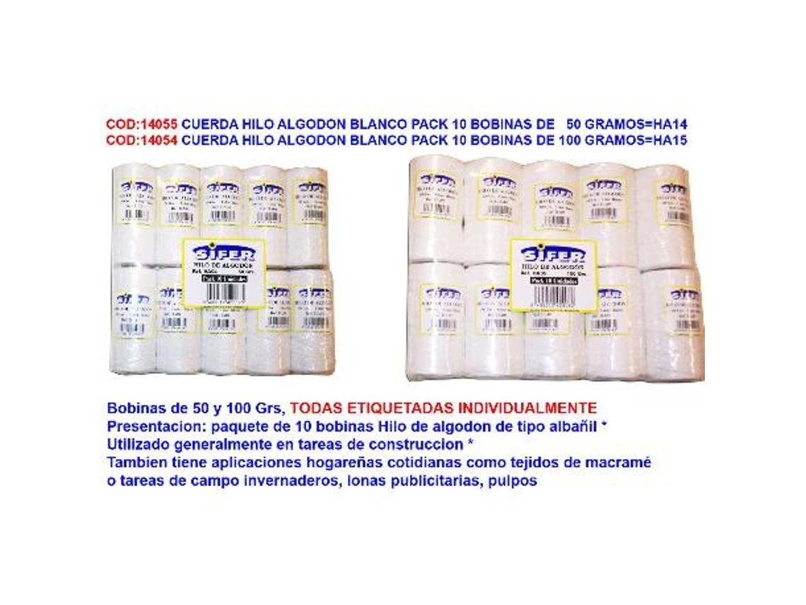Cuerda hilo algodon blanco pack 10 bobinas de   50 gramos ha14