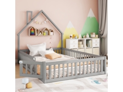 Cama Alta Infantil, Madera De Pino, 140x190 Cm, Chimenea, Base De Listones, Gris.