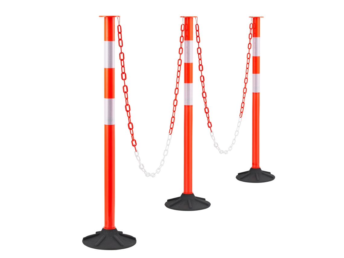 Juego de 3 postes de tráfico Succebuy de 871 mm con base, peso y cadenas, color rojo