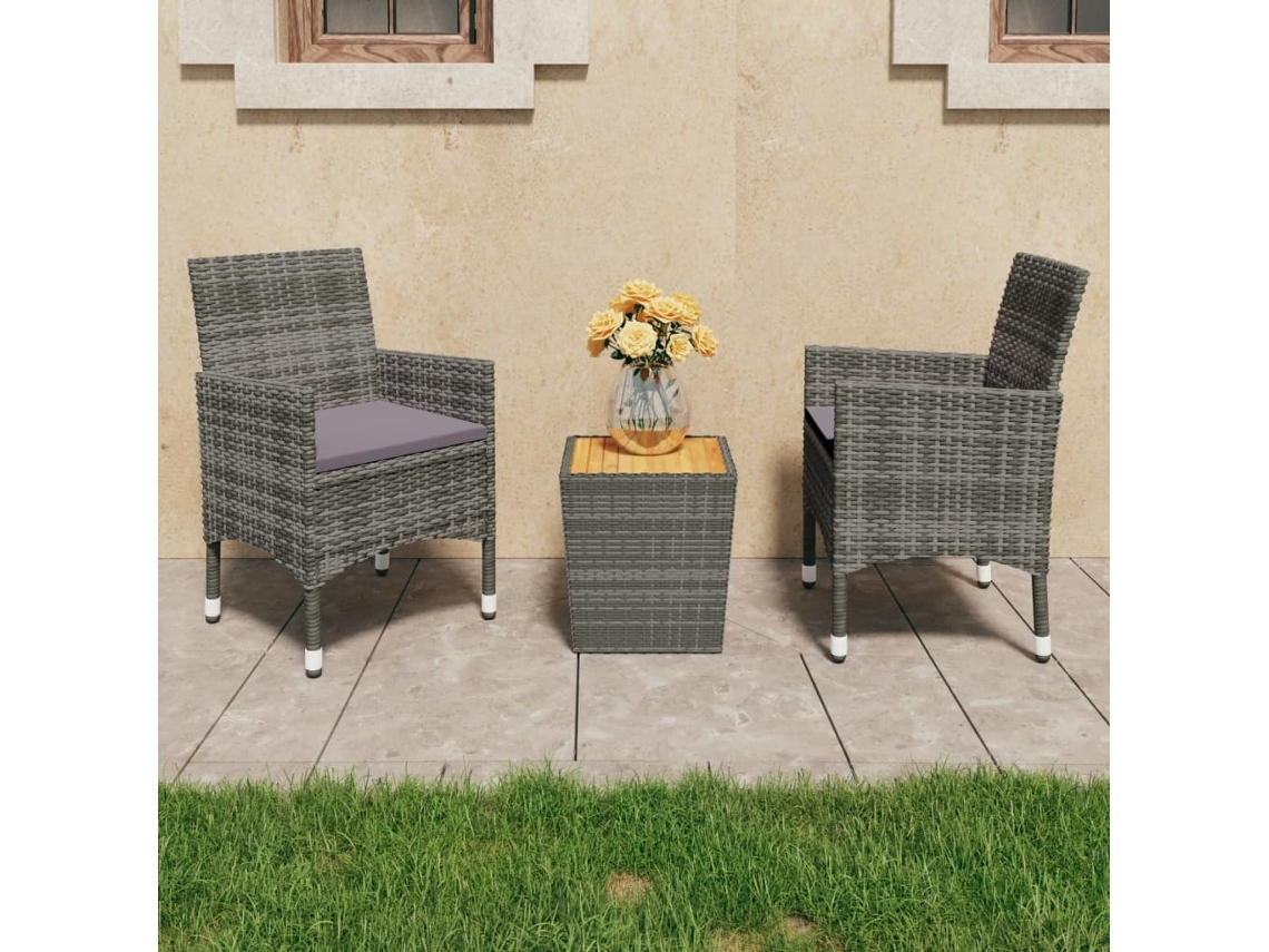 Juego de bistró de 3 piezas en mimbre PE y madera de acacia, gris, Dkd Home Decor