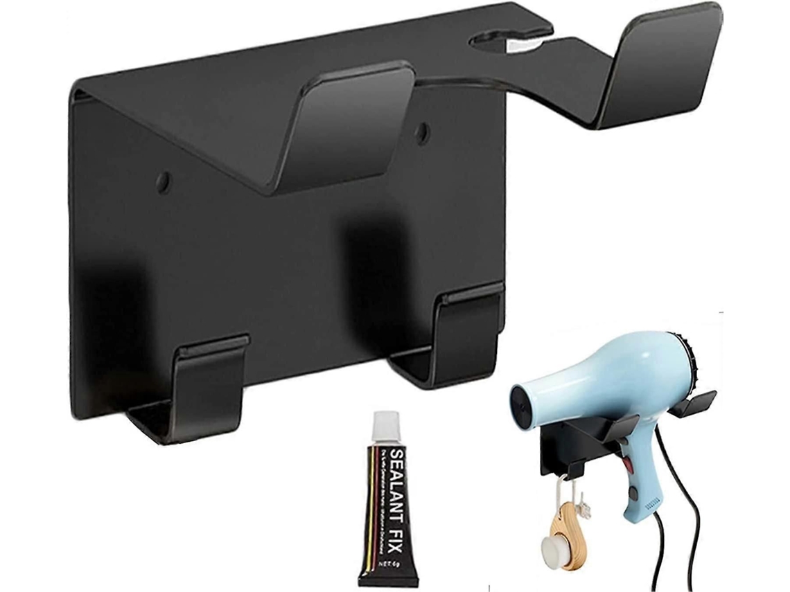 Soporte negro sin adhesivo para secador de pelo con dos ganchos de acero inoxidable - Soporte GOKOCO