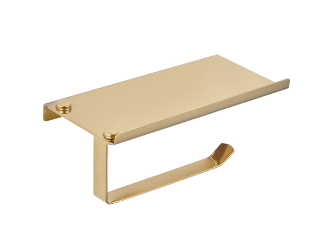 Soporte de papel higiénico de acero inoxidable dorado para montaje en pared, ideal para el baño.