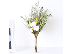 Pequeño Ramo De Flores Secas Naturales De 43 Cm Con Tallo De Algodón Blanco, Craspedia Amarilla Y Flor Artificial.