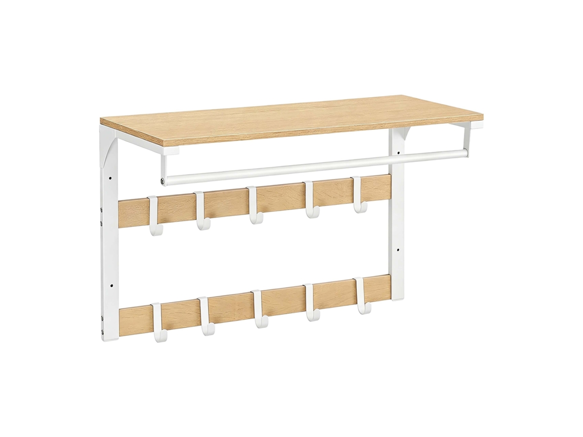 Relaxdays Perchero De Pared 3 En 1, 10 Ganchos, Barra Para Ropa, Repisa Para Sombreros, 42 X 65 X 30 Cm, Natural/blanco