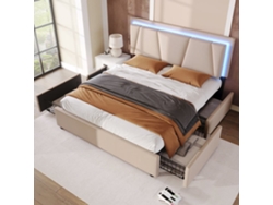 Cama Tapizada 140x200cm - Con Led, 4 Cajones, Cabecero Ajustable - Beige