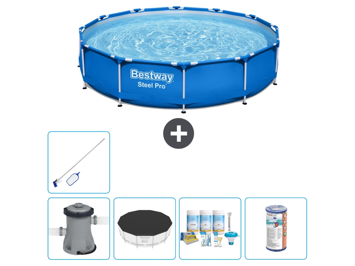 Piscina BESTWAY Round Steel Pro - 366 x 76 cm - Azul - Bomba incluida Cubrir - Paquete de mantenimiento - Filtrar - kit de limpieza