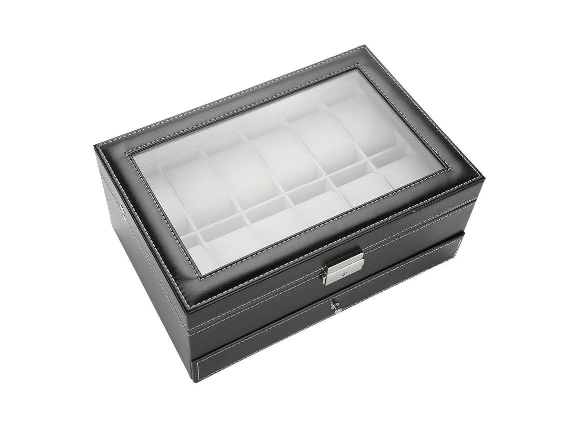 Caja De Almacenamiento De Relojes Y Joyas De Piel Sintética Con Cristal Transparente Y Diseño De Doble Capa.
