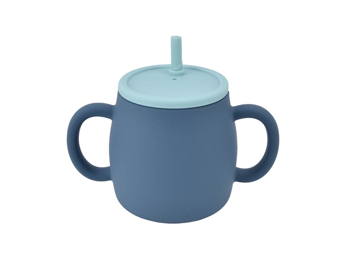 Vaso De Silicona Con Pajita Para Bebés En Fase De Aprendizaje, 280 Ml, Con Tapa Y Asas, Azul Claro Y Azul Oscuro.