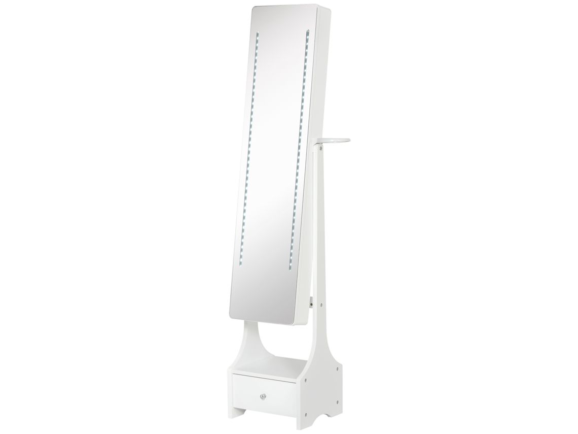 Armario joyero con espejo ajustable de cuerpo entero, cajón y soporte para secador de pelo, 37x30x158 cm, blanco.