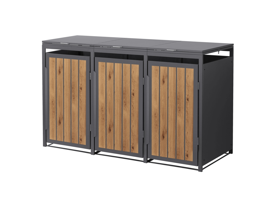 Cobertizo Ml-design Para 3 Cubos De Basura 240l Acero Antracita-roble Claro, Tapa Abatible
