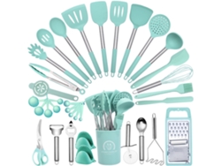 Juego de utensilios de cocina de silicona antiadherente de 35 piezas con soporte Digitallab (verde)