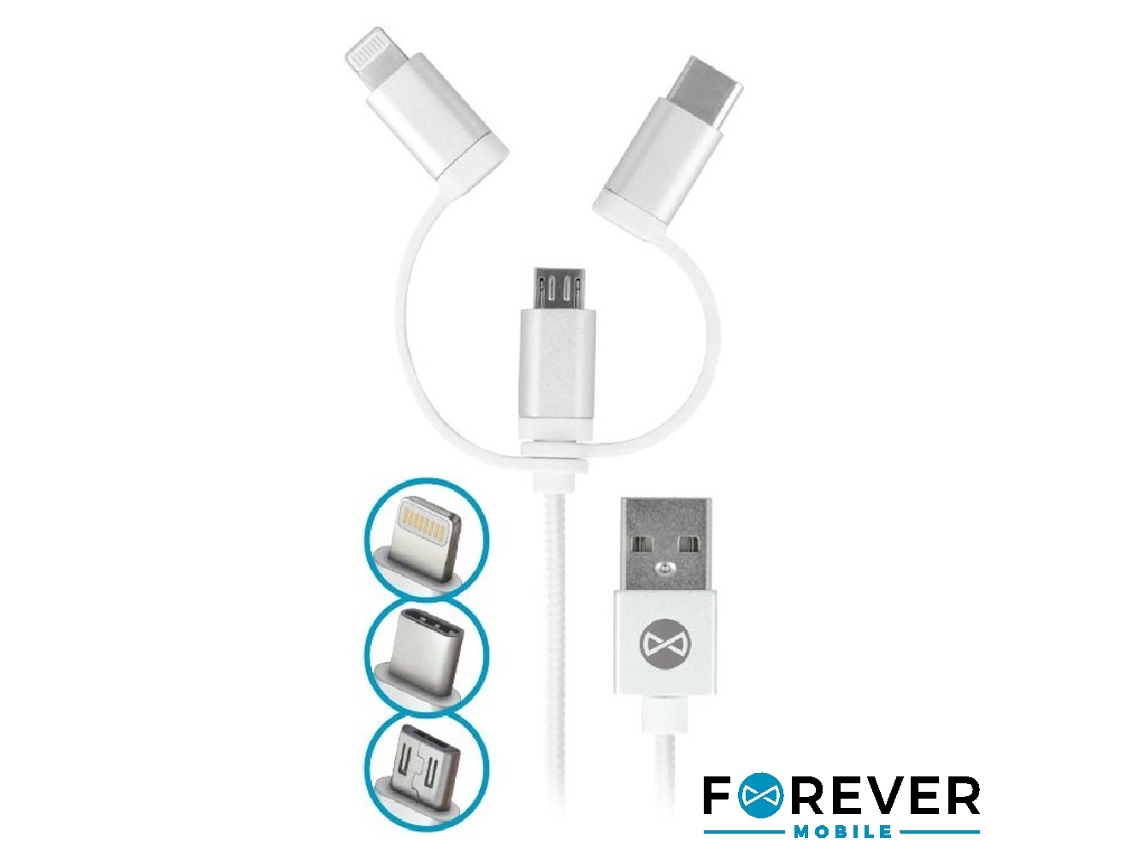 Cable Usb-A FOREVER 2,0 Macho / Micro Usb-B Usb-C y Apple 8P 1M (Negro)