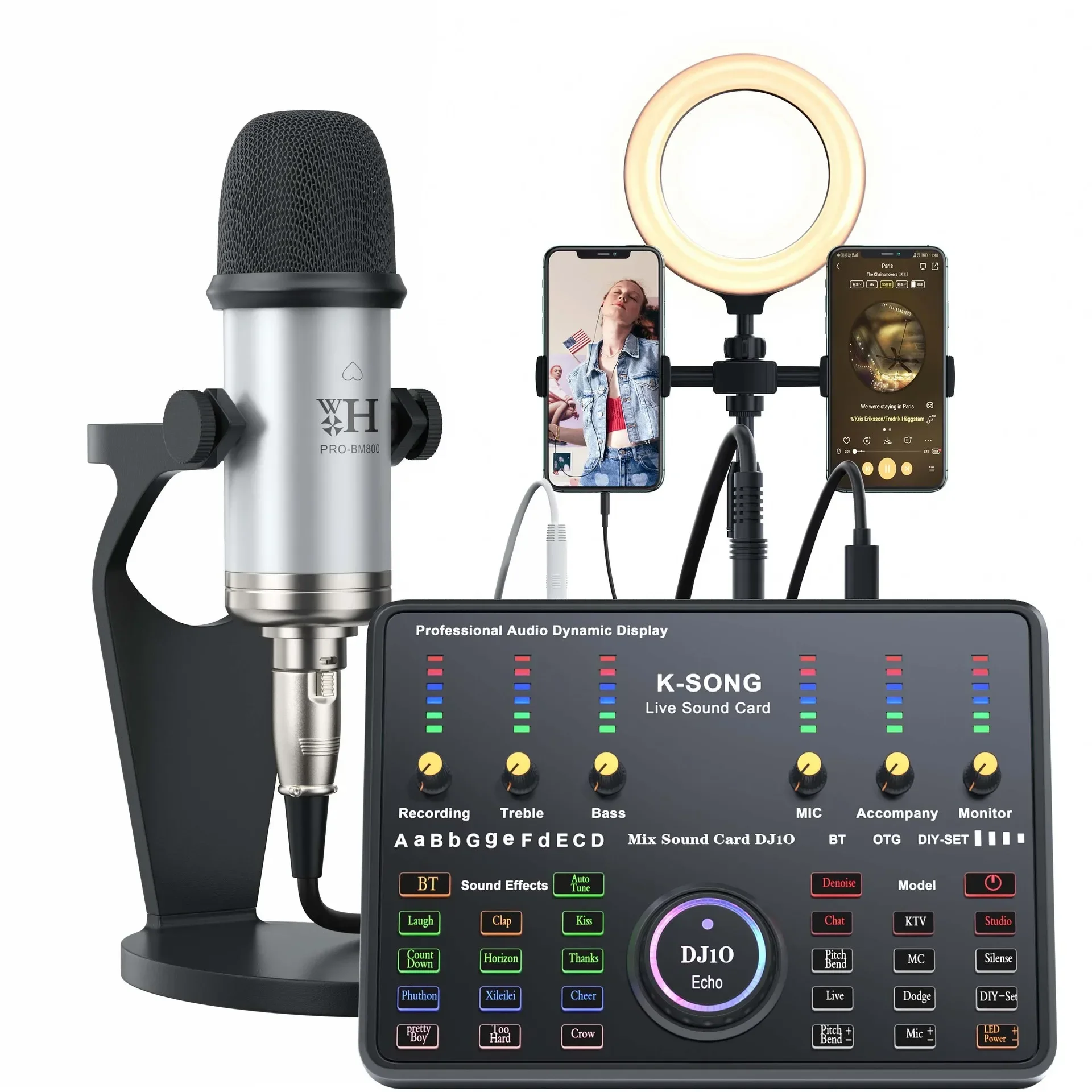 (redondo, Plateado-negro) Kit De Tarjeta De Sonido, Micrófono De Condensador De Estudio